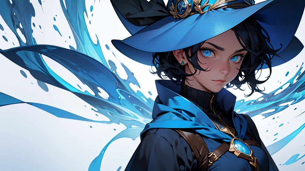 4k ultra high quality, human woman, sharp blue eyes, round face, small slightly upturned nose, curious expression, short curly blue-black hair, wearing modest blue dress, wearing an oversized blue wizard hat