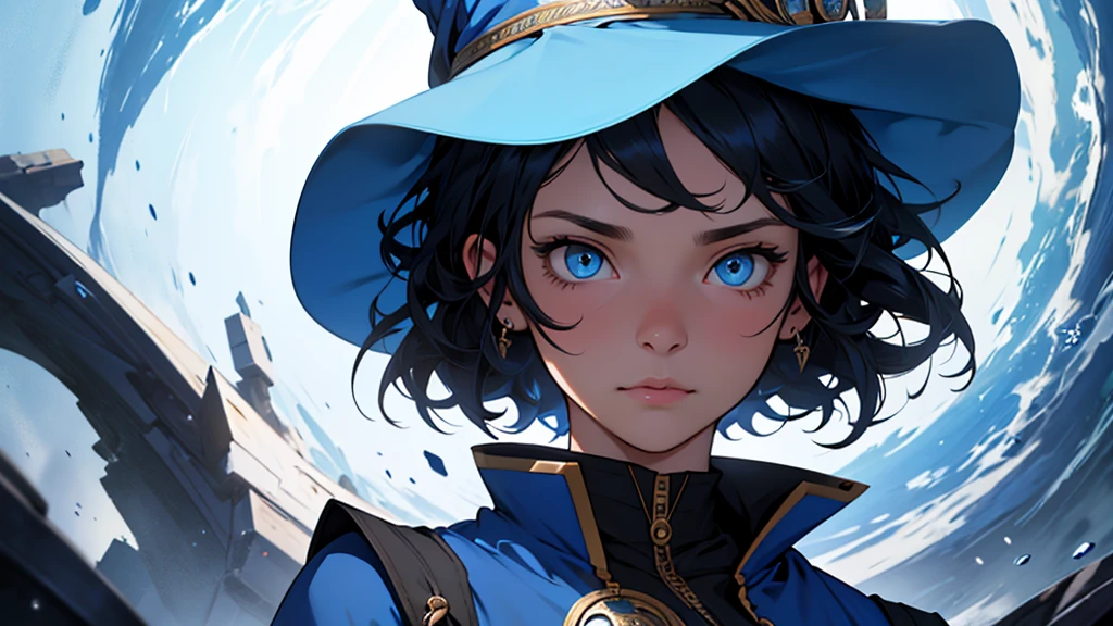 4k ultra high quality, human woman, sharp blue eyes, round face, small slightly upturned nose, curious expression, short curly blue-black hair, wearing modest blue dress, wearing an oversized blue wizard hat