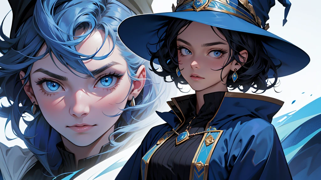 4k ultra high quality, human woman, sharp blue eyes, round face, small slightly upturned nose, curious expression, short curly blue-black hair, wearing modest blue dress, wearing an oversized blue wizard hat