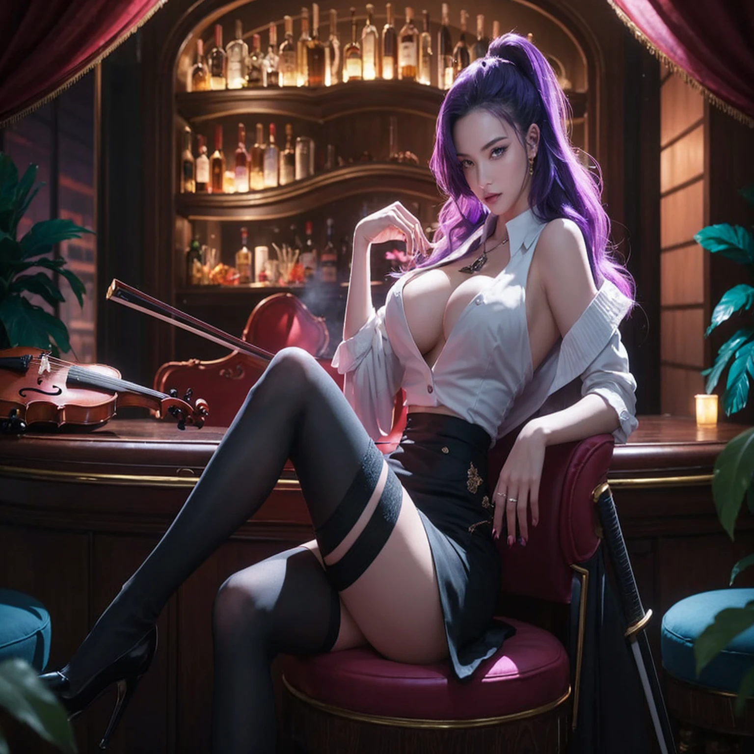 create a realistic, In this captivating image, a confident and alluring woman with striking purple hair and violet eyes sits in a luxurious, dimly-lit bar. She is attired in a white blouse, black skirt, and black thigh-high stockings. Her elegance is accentuated by the exquisite setting, which features a well-stocked bar with an array of bottles and vibrant plants. The atmosphere is further enhanced by the presence of a violin and a katana, evoking a sophisticated yet mysterious ambiance. The soft, ambient light highlights the rich colors and intricate details of both the woman and her surroundings, creating a truly captivating scene.