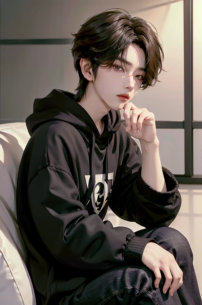 masterpiece、(top-quality)、((high-level image quality))、One Manly Boy、Slim body、((Black hoodie and long black pants)) ((red half oni mask))、(Detailed beautiful eyes)、September Night Road、sitting on a curb、Face similar to Chaewon in Ruseraphim、((short hair above the ears))、((Smaller face))、((Neutral face))、((Light brown eyes))、((Korean boy))、((18year old))、((Handsome man))、((Wild look))、((Korean Makeup))、((elongated and sharp eyes))、((Sit next to the viewer))、((shot from a side angle))、((The upper part of the body))、((Close-range shooting))