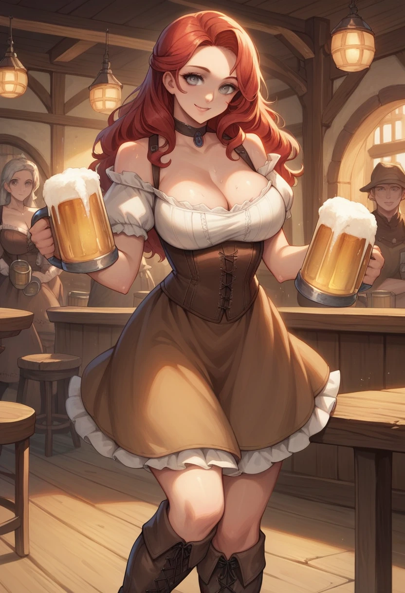 1girl, big breasts, cute girl, silver eyes, red hair, long hair, pale skin, big breasts, sexy, solo, dynamic, beautiful, detailed, cleavage, corset, skirt, short white skirt, brown barmaid dress, tavern wench, brown medieval dress, shoulder strap dress, voluptuous, curvy, sweaty, in a medieval tavern, tavern, choker, crowd, onlookers, smile, knee boots, brown boots, brown knee boots, laced boots, looking at viewer, carrying tray with beer mugs, tray with beer mugs in hand, light blush, sharp lines, detailed