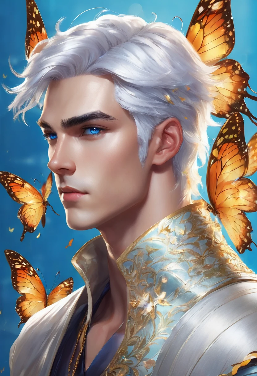 Create a 22 year old handsome boy prince with white hair, blue eyes, White skin, pointy ears, with muscle and butterfly wings on the back, with light blue background