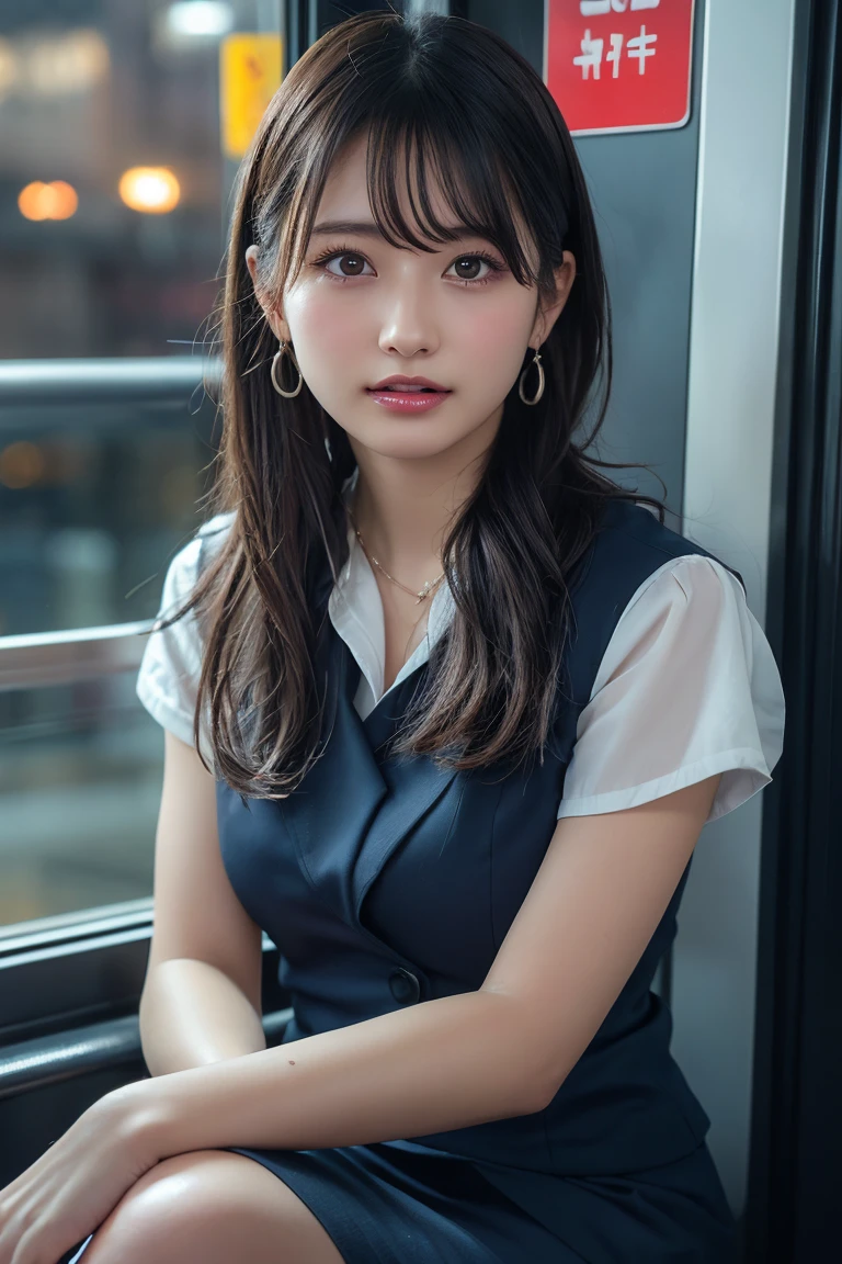 ((Upper Body))、(masterpiece:1.3), High resolution, Very detailed, Highly detailed CG Unity 8K wallpapers, Realistic, photo-Realistic, RAW Photos, Beautifully detailed face, Pale skin, Realistic glistening skin, Detailed cloth texture, Detailed hair texture, Perfect Style, Beautiful Face, Accurate, Anatomically correct, Very detailed顔と肌の質感, fine grain, Brown eyes, double eyelid, Thin eyebrows, (Droopy eyes:0.65), (Glitter Eyeliner:1.2), Natural Cheeks, Glowing Skin, (Fair skin:1.2), Shiny necklace and earrings, (Glossy Lips: 1.4),
break
(Classy and cute girl:1.3), (High ponytail hairstyles, Wavy Hair, Dark brown hair), (Captivating smile:1.2) (Wear an elegant business suit:1.3), (Black Stockings), Medium large breasts,
break
((Cowboy Shot:1.2)), (Cross-legged sitting pose:1.4), At the train door, ((Night city view:1.2)),