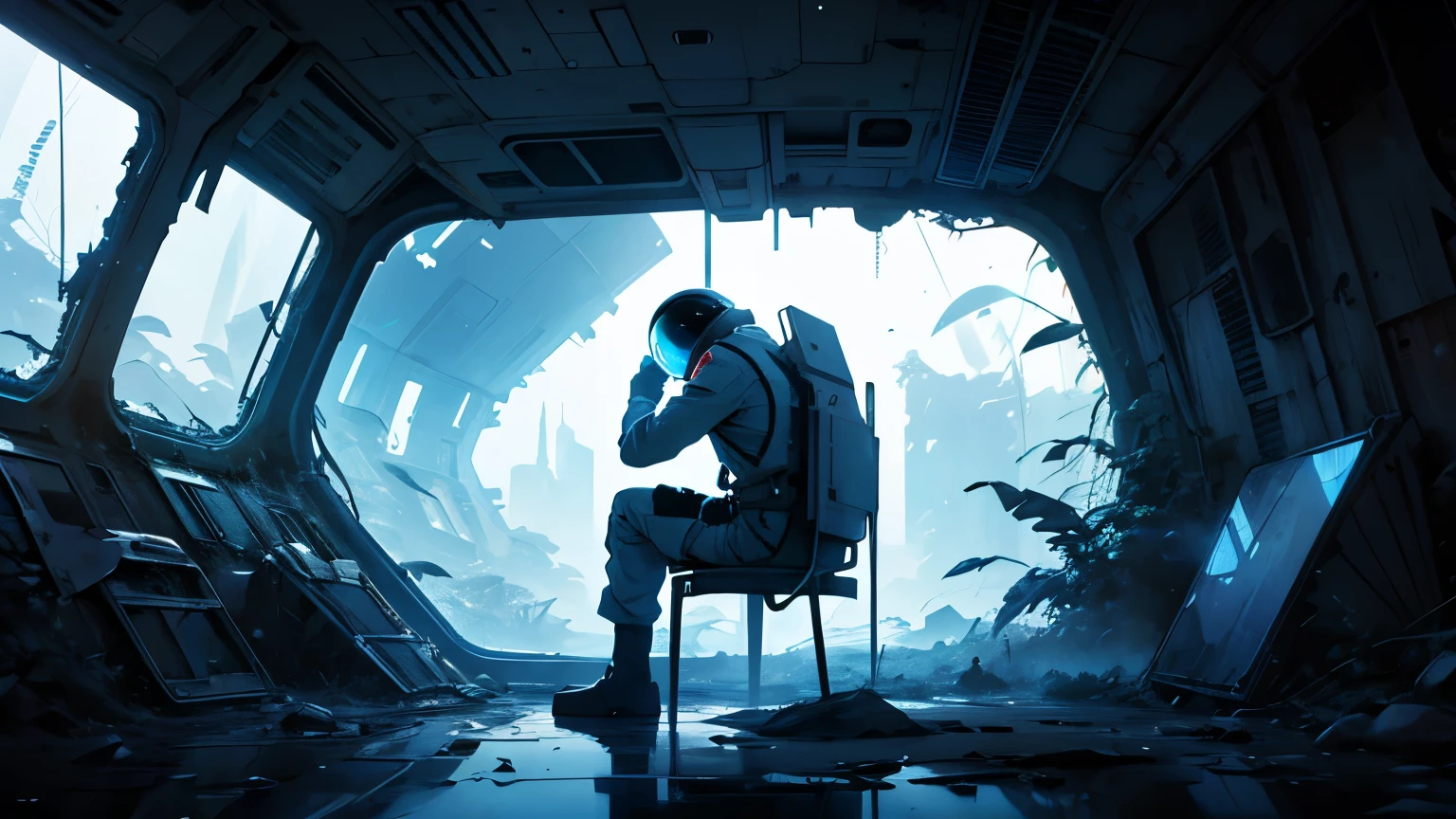 A lone astronaut, the last survivor of a destroyed Earth, sits lost and adrift in the ruined interior of his futuristic spacecraft. Through the large viewport, a pale pink planet floats in the void of space, the only remnant of his former home. The cabin is overgrown with plants, neglected, reflecting the astronaut’s sense of isolation and melancholy. nt colors are shades of blue, conveying a somber, depressive mood