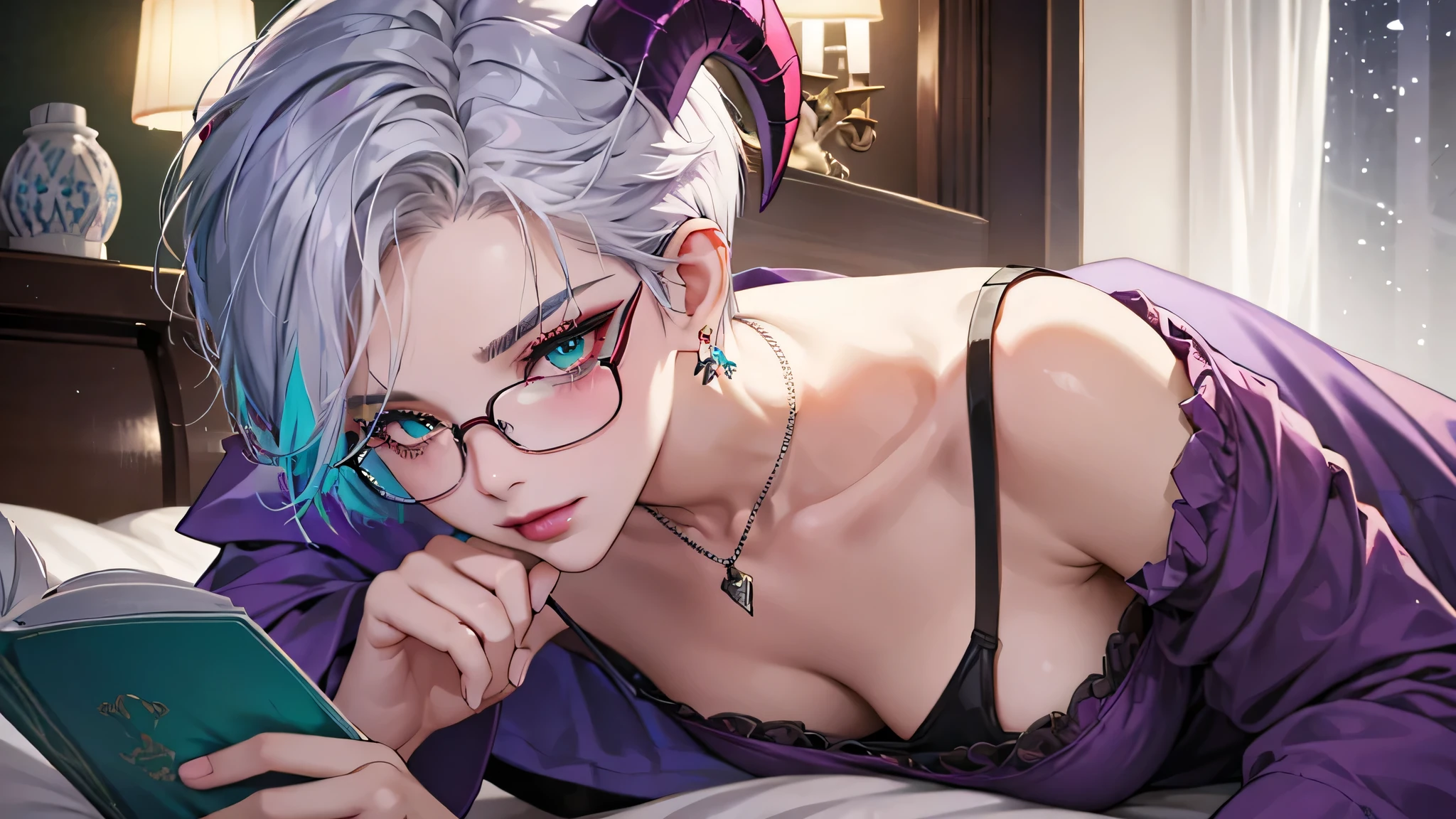 8k, masterpiece, best quality, highly detailed, 1 girl, tiefling, warlock, pixie cut, multicolored hair, very short straight hair green highlight hair on white hair, strippled hair, wearing glasses, round glasses, sexy, earrings, navel piercing, night gown, red eyeshadow, long eyelashes, blushed cheek, red lips, necklace, rings, collarbone, mole on face, glamorous, teal clothing, purple clothes, smirk, close up view, rings, looking at viewer, demon horns, solo, bedroom, blue pale moon, lying on bed, devil books