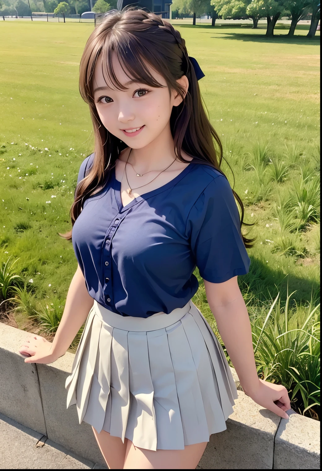 (Highest quality,masterpiece:1.3,Ultra-high resolution),(Very detailed、Caustics) (Realistic:1.4, RAW shooting、)Ultra-Realistic Capture、Very detailed、Natural skin texture、masterpiece、(A Japanese elementary school girl wearing a blouse and pleated skirt:1.3)、Adorable expression、Expressions of happiness、10 years old、height: 140cm、Baby Face、Pure girl、Amazingly cute、Twin tail hairstyle、Curly Hair、ribbon、Black Hair、Large Breasts、Shining thighs、Shining ass、necklace、Shade by the lake、Background details、smile、An inviting gaze、(Anatomically correct)、Cowboy Shot、Attention to detail、Lift your chest with both hands、