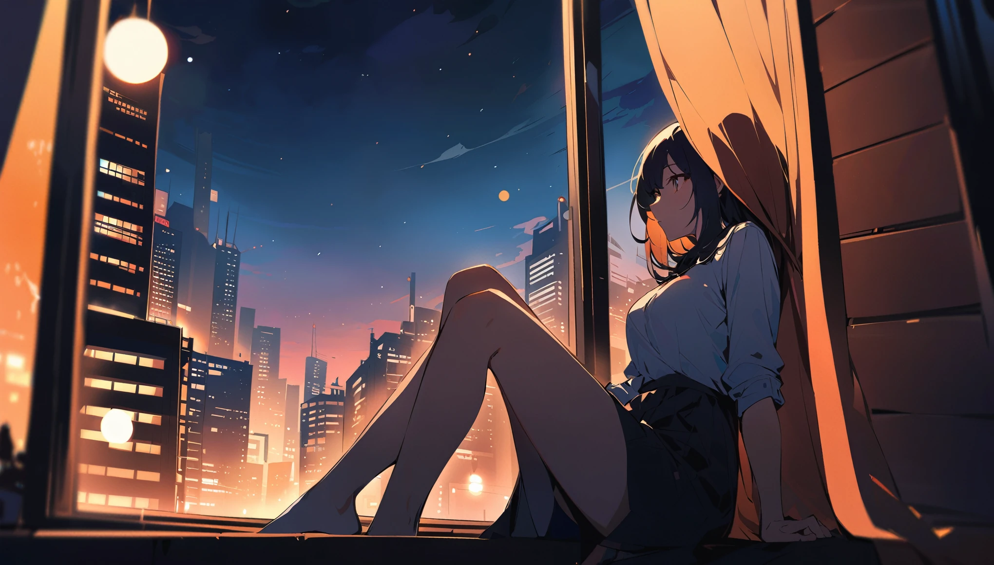 sitting next to a big window、Outside the window is the city at night、Horizontal composition