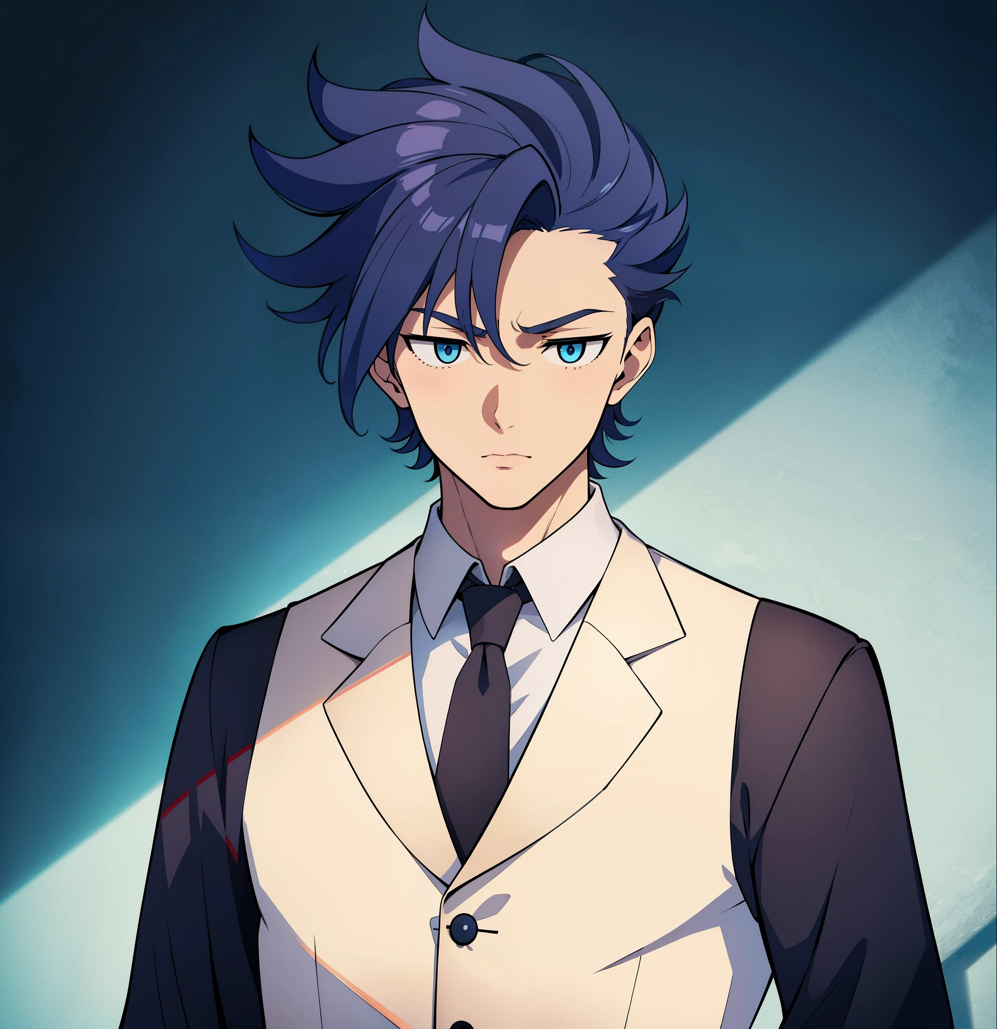 anime boy, mouth open, mouth agape, yawn, mouth wide open, holding glass, dark blue hair, blue eyes, red waistcoat, white shirt (beautiful and aesthetic:1. 5), thick black lineart, clean lineart, perfect lineart, moody lighting, sharp lineart, best quality, high quality, best quality, ultra-detailed, saturated colours, HD,