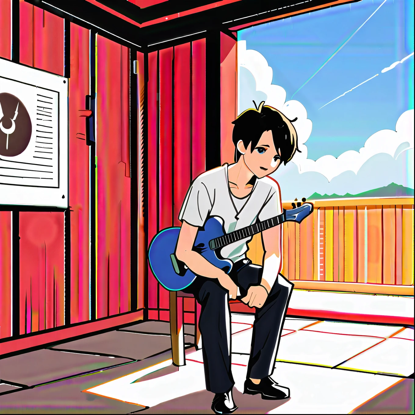 A boy with perm playing an electric guitar