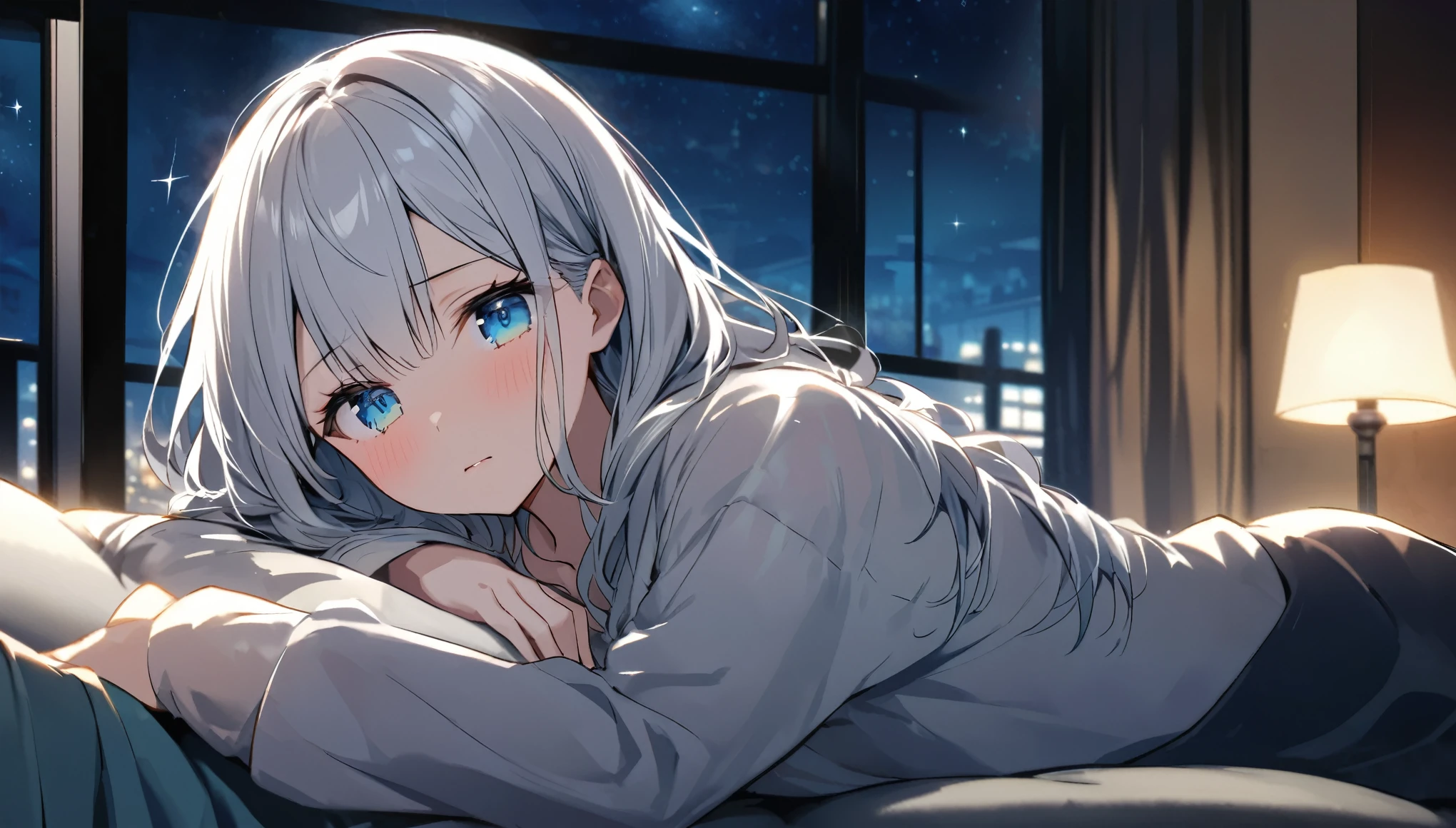 Night sky from large windows、A peaceful corner of the room at night。A young woman with silver hair is lying on a sofa、Staring at me with a sad expression。Her blue eyes sparkle。She was wearing a loose, light-colored, long-sleeved shirt.、There is a relaxed atmosphere。In the background, the night view spreads out beyond the window.。It creates a quiet and peaceful scene.。