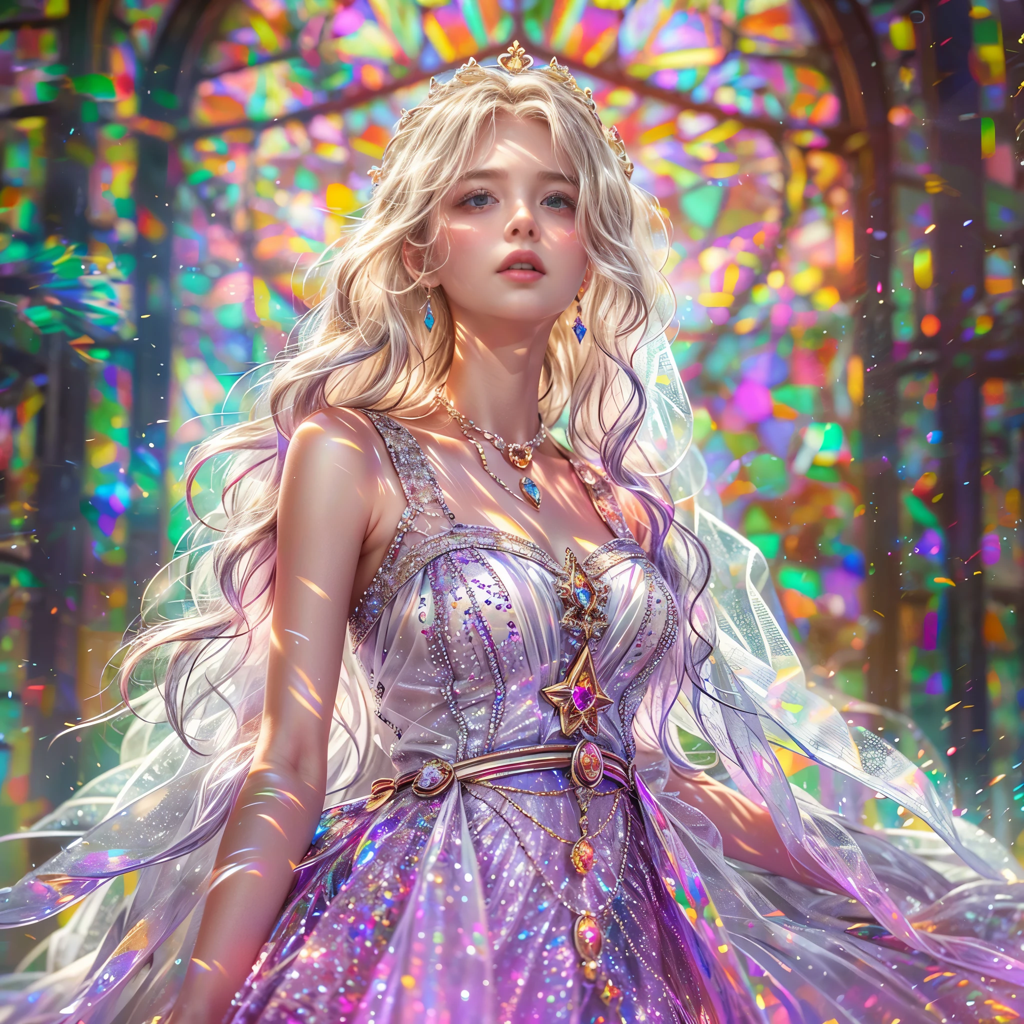  (Cathedral from below:1.28) (ZoomLayer) ((TopQuality 8K masterpiece of (Professional photo:1.37)), (((Clarisse de Cagliostro))) (Detailed White WeddingDresses), Chain, (((Extremely detailed KAWAII face))) {((VeiledFace))|BlondeHair|(Elaborate BuleEyes)with(SparklingHighlights:1.28)}, The background is distant (((Elaborate stained glass))) Rainbow Glass, {(MysticSight)|EnchantingAtmosphere|Haze|(GodRays)|TyndallEffect}, Radiant PearlSkin with Transparency, (Exposed:0.88)