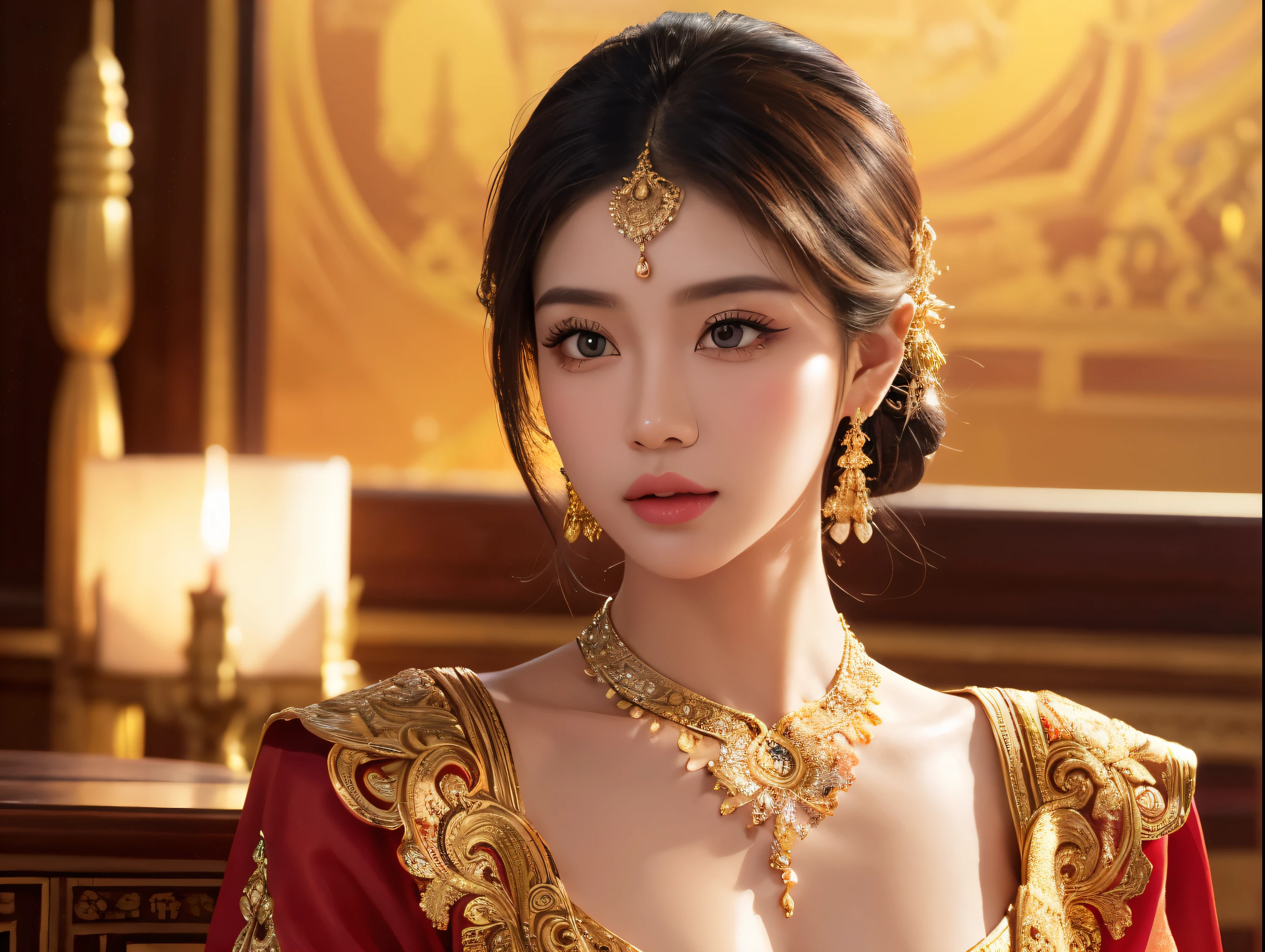 highly detailed, hyperrealistic, beautiful detailed eyes, beautiful detailed lips, extremely detailed eyes and face, long eyelashes, elegant woman, intricate Thai dress, ornate Thai jewelry, graceful Thai dancer, ornate Thai temple in background, glowing warm lighting, vibrant colors, cinematic composition, award winning digital art