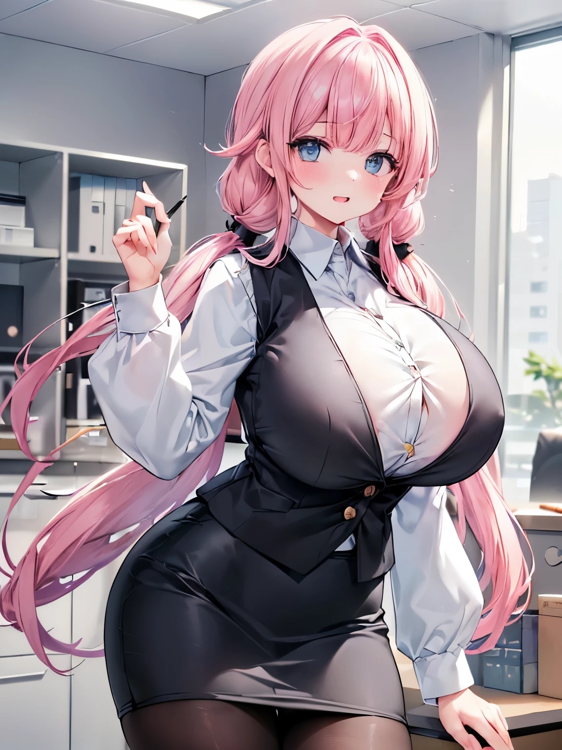 Best Quality,Detailed and cute eyes,Very cute face,(Solo Girl),(gigantic breasts:1.4),(Pink hair),(low twintails:1.4),Scrunchie,Big light blue eyes,Very happy smile,Open your mouth wide,View Viewer,BREAK,(Office Lady Costume,officeレディベスト,Wear a vest over a long-sleeved white collared shirt,gray vest with buttons, tight black pencil skirt,Black Pantyhose:1.5),office,Cowboy Shot,(Dynamic Pose),
