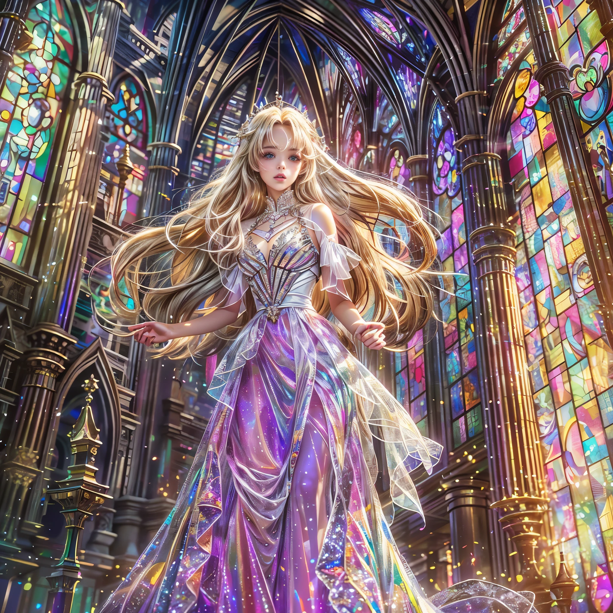 (Cathedral from below:1.28) (ZoomLayer) ((TopQuality 8K masterpiece of (Professional photo:1.37)), (((Clarisse de Cagliostro))) (Detailed White WeddingDresses), Chain, (((Extremely detailed KAWAII face))) {((VeiledFace))|BlondeHair|(Elaborate BuleEyes)with(SparklingHighlights:1.28)}, The background is distant (((Elaborate stained glass))) Rainbow Glass, {(MysticSight)|EnchantingAtmosphere|Haze|(GodRays)|TyndallEffect}, Radiant PearlSkin with Transparency, (Exposed:0.88)