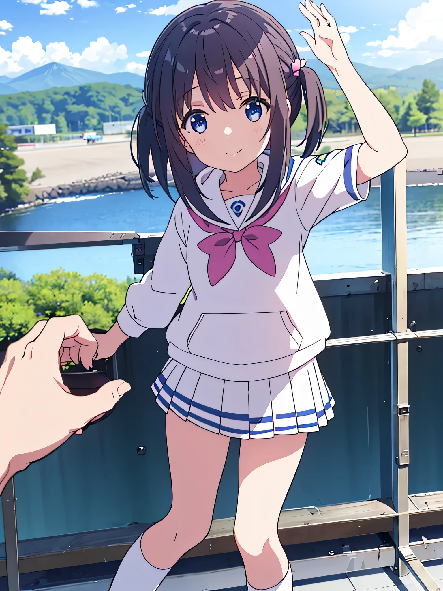 At the foot of the mountain. Fuji field Elementary school girl 8 years flat chest black fur by the wide The eyes are purple. smile((1 person)) Pink Upper Body Hoodie Navy blue underbody mini skirt white panties white socks sport boots day time They are standing ((Her skirt flips up and we can see her white panties)) Dynamic Angle from the front