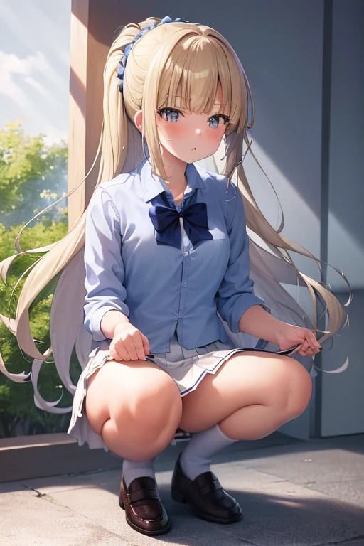 masterpiece, Highest quality, High resolution, One Girl, kei karuizawa, Blue Shirt, White Skirt, Jacket, red Jacket standing, squat,Pee漏れ,Pee,trembling,puddle of Pee,Pussy,Browsing Caution