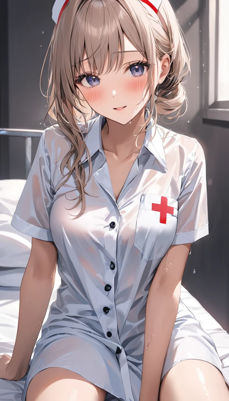 masterpiece,best quality,1girl,nurse,blush,wet,shirt,