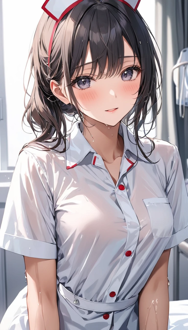 masterpiece,best quality,1girl,nurse,blush,wet,shirt,