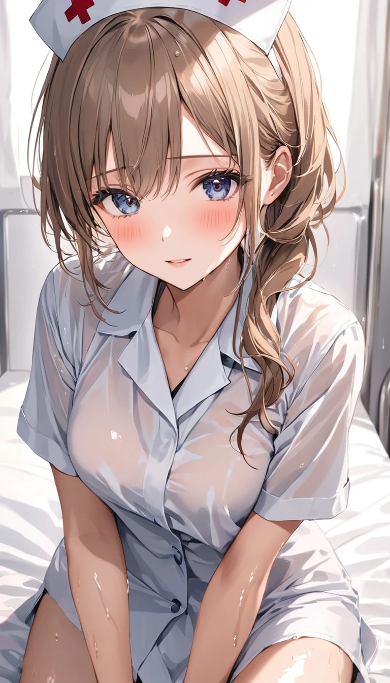 masterpiece,best quality,1girl,nurse,blush,wet,shirt,