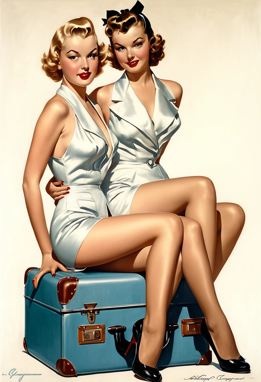 painting of two women in lingersuits sitting on a suitcase, gill elvgren, by Roy Dalgarno, enoch bolles, by Alberto Vargas, gil elvgren style, pinup art, by Gil Elvgren, elvgren, by Carl Eytel, ( art fitzpatrick ), by Art Frahm, by Earle Bergey, by Tom Lovell
