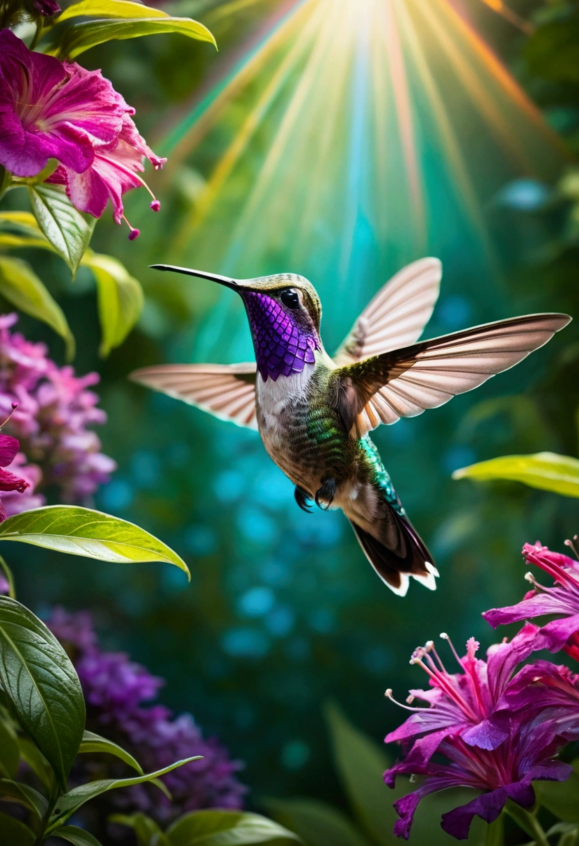Iridescent striped hummingbird with purple and teal bands, fluttering near a vibrant, blooming garden. The sunlight catches its shimmering feathers, creating a magical glow. The background is filled with lush green leaves and colorful flowers, with soft beams of light filtering through the trees.