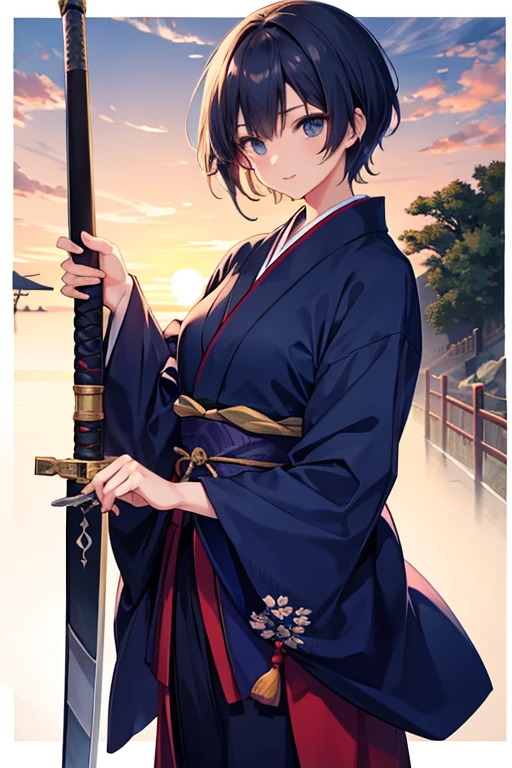 beautiful short-haired swordsman woman, japanese swordsman, sunset