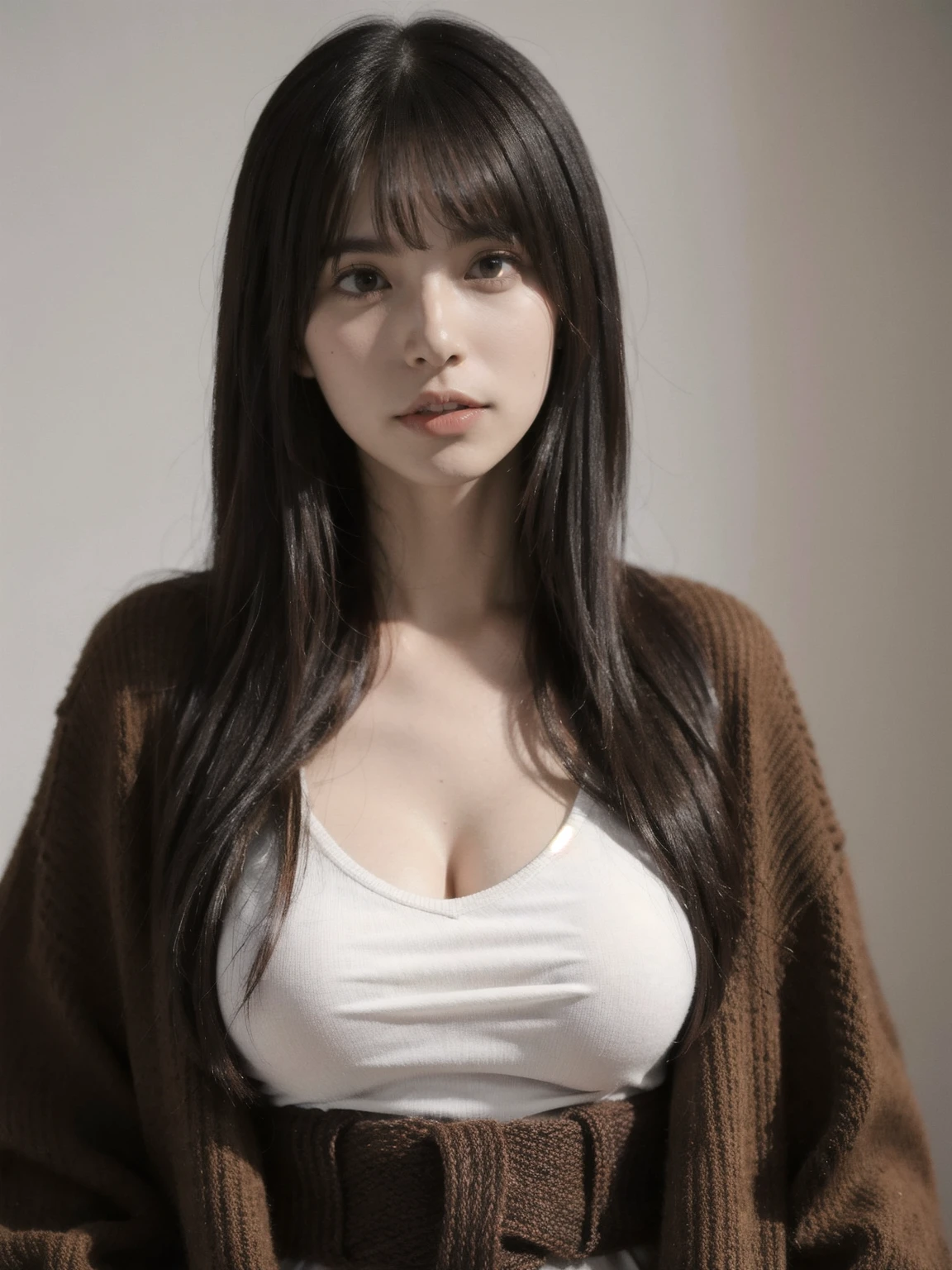 knit tanktop, coat, (HQ skin:1.3), (photorealistic:1.4), (best quality:1.2), (ultra highres:1.3), 8k, RAW photo, (masterpiece:1.2), , zydG, 1girl, detailed skin, looking at viewer, brown eyes, (long hair with bangs:1.2), (big breasts:1.2), (large areolae:0.8), , (pureerosface_v1:1.2)