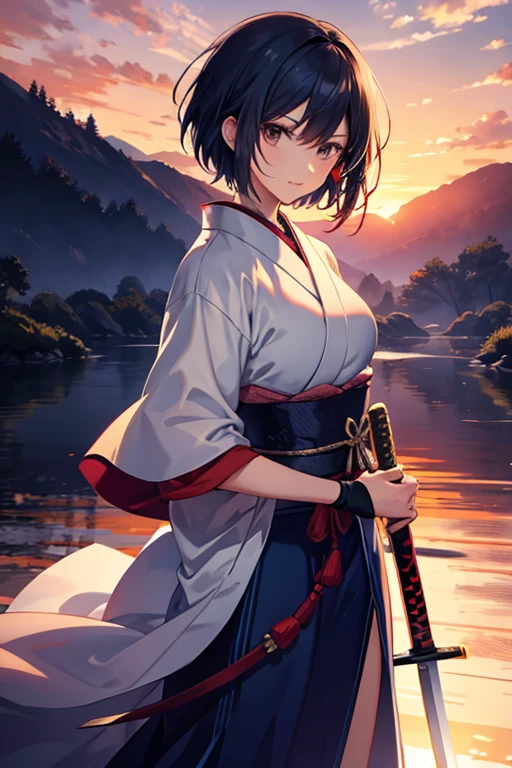 beautiful short-haired swordsman woman, japanese swordsman, sunset