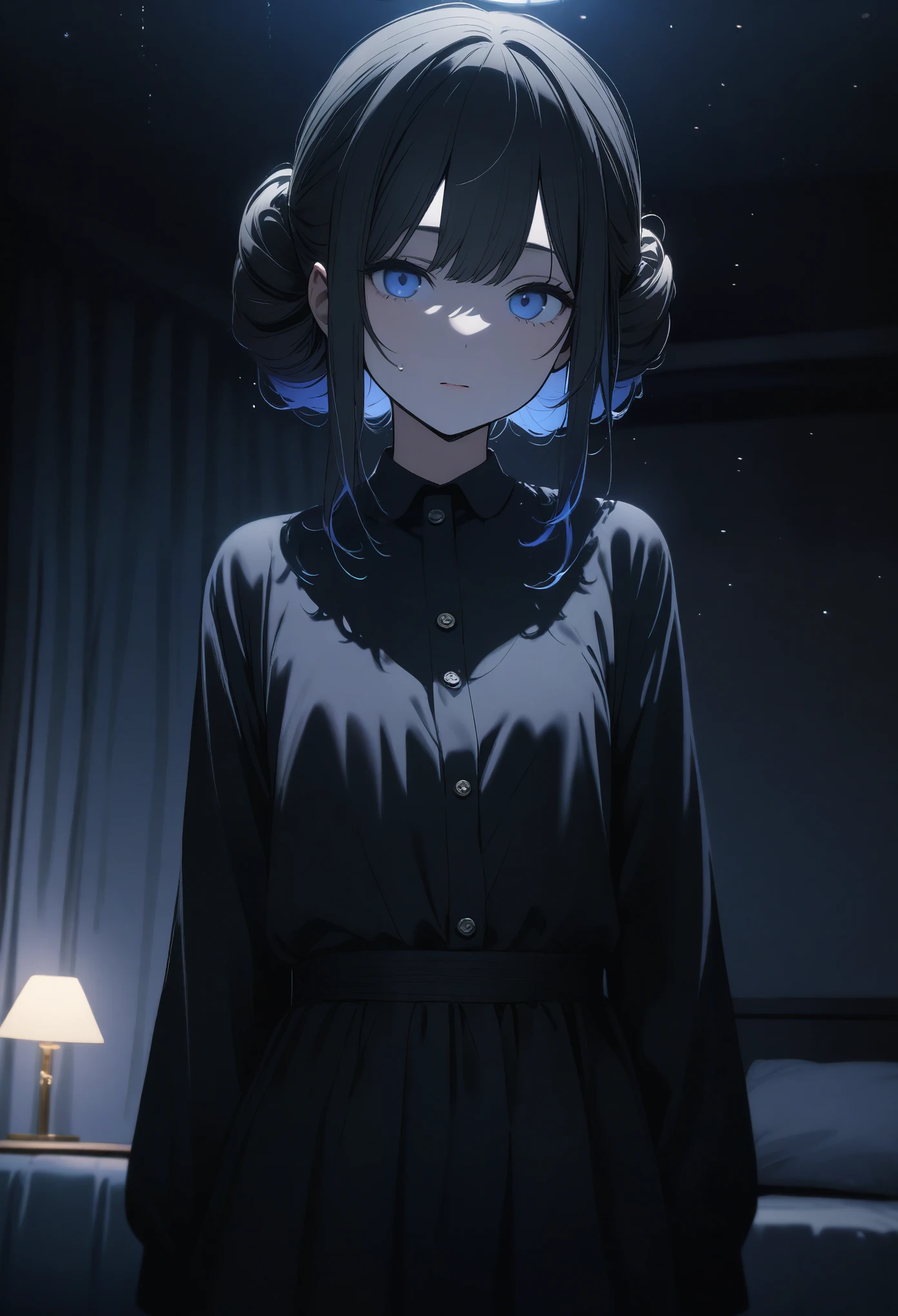 One 14-year-old girl, ((Light black clothing))、(Inner color hairstyle), Beautiful Hair, Facial Contour, Remember, Hotel, moonlight、splash, Lens flare,, Natural Color, High resolution, Very delicate, Very detailed, 8k,(There is swelling of the breasts、About B cup)、Shyness,((Sexual))