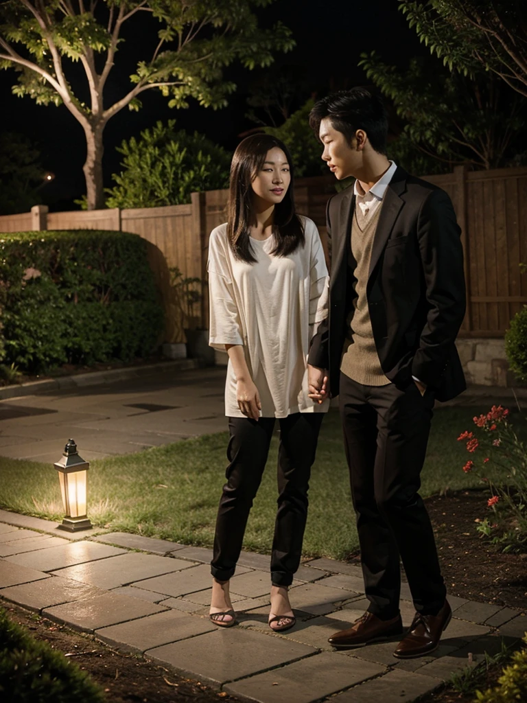 attractive asian couple, romantic vibe, front yard in the night