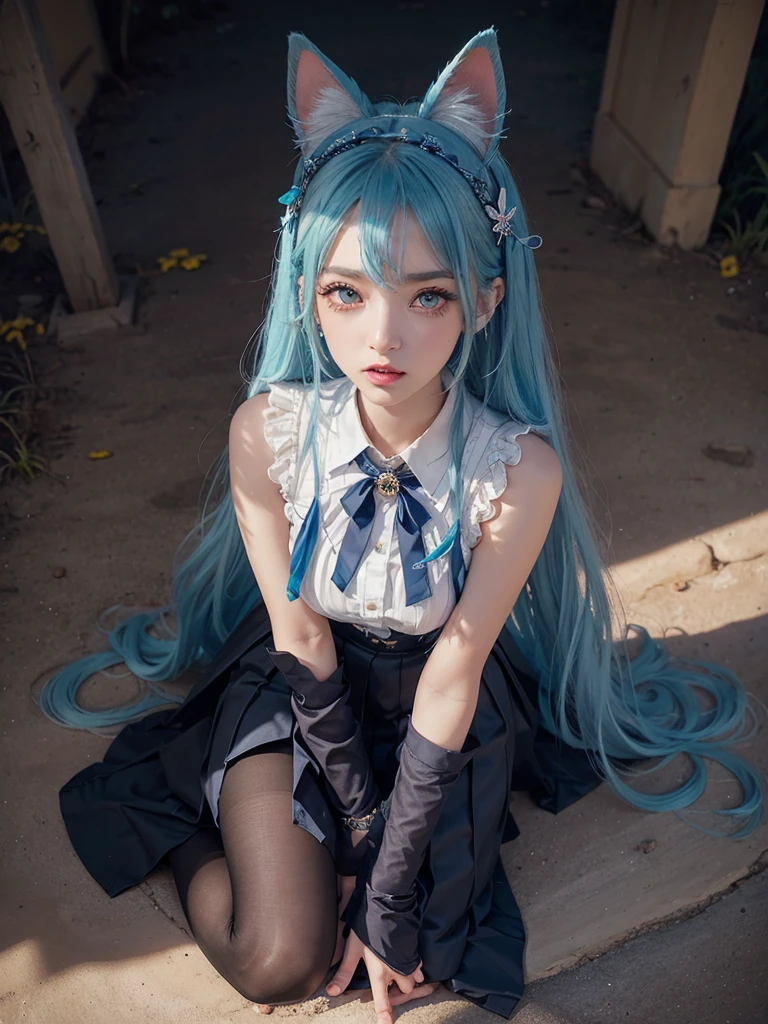 Goddess, Hatsune Miku, Gradient Eyes, Watery Big Eyes, Colored Eyelashes, Beautiful Eyes, Lipstick, Cat Mouth, Rabbit Ears, Angry, Hair Over the Shoulder, Blue Hair, Asymmetric Bangs, Double Braids, Lolita Hair Accessories, Hairpins, Stud Earrings, Colars, Rings, Pendants, Brooches, Corsages, Ribbons, JK Uniforms, Fishnet Socks, Butterfly Wings, Legs Entwined, Ten Fingers Interlocked, Staddling, Library, Bust, Delicate Facial Features, Perfect Face, , Multiple Girls, Student, Short Eyebrows, Watery Big Eyes, Chestnut Mouth, Lipstick, Animal ears, annoyances, long hair, blue hair, crossed bangs, messy hair, Lolita hair accessories, bracelets, sapphire brooches, necklaces, nail polish, JK uniforms, pleated skirts, lace, bare feet, one-legged pantyhose, sitting sideways, learning to bark, tied to a cross, hands on someone else's waist, dusk, hills, desert, wasteland, atmospheric light, Tyndall effect, natural light  
