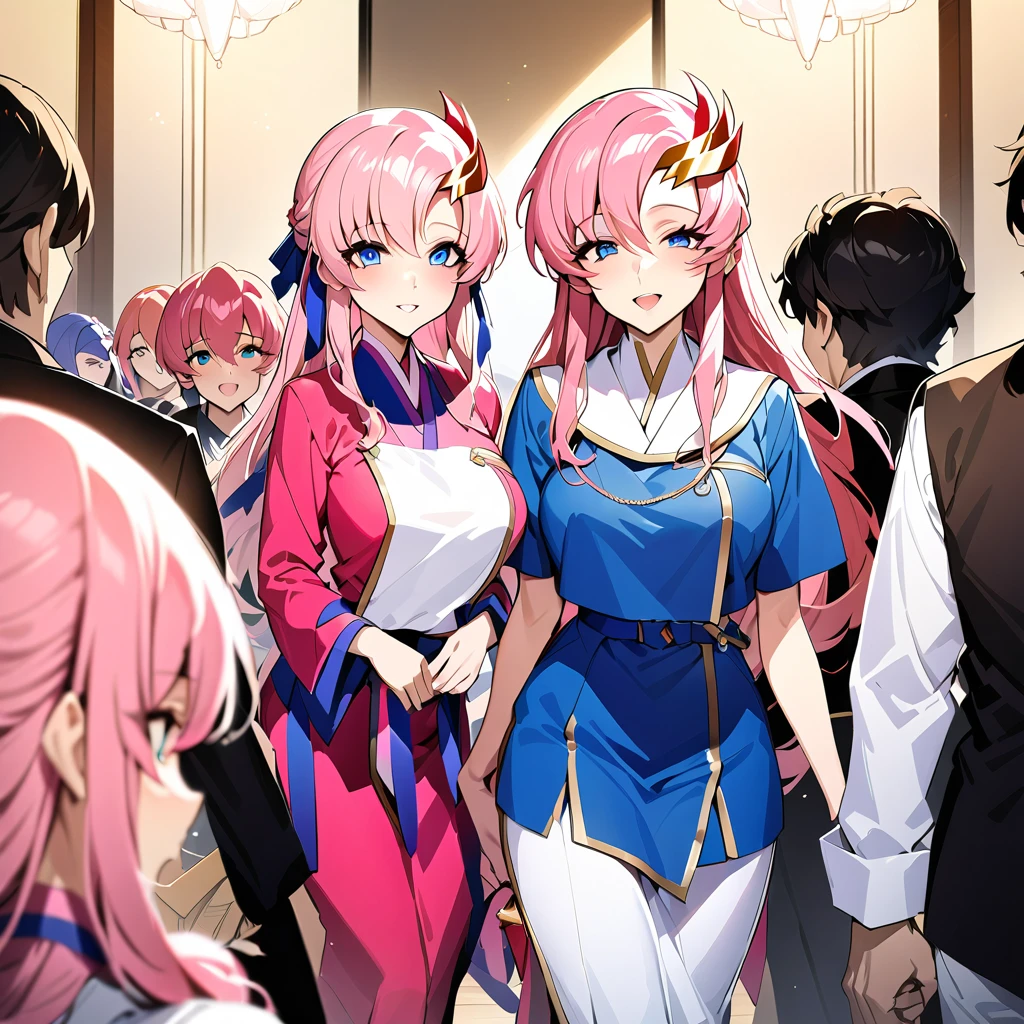 ((Highest quality)), ((masterpiece)), (detailed), （Perfect Face）、The woman is Lacus Clyne, with blue eyes, medium-long pink hair, a hair accessory, the clothes of a follower of a suspicious religious organization, and an engagement ring.、The woman is an ardent follower of a suspicious religious group, serves a suspicious guru, attends meetings with the followers, and is embraced by the suspicious guru.