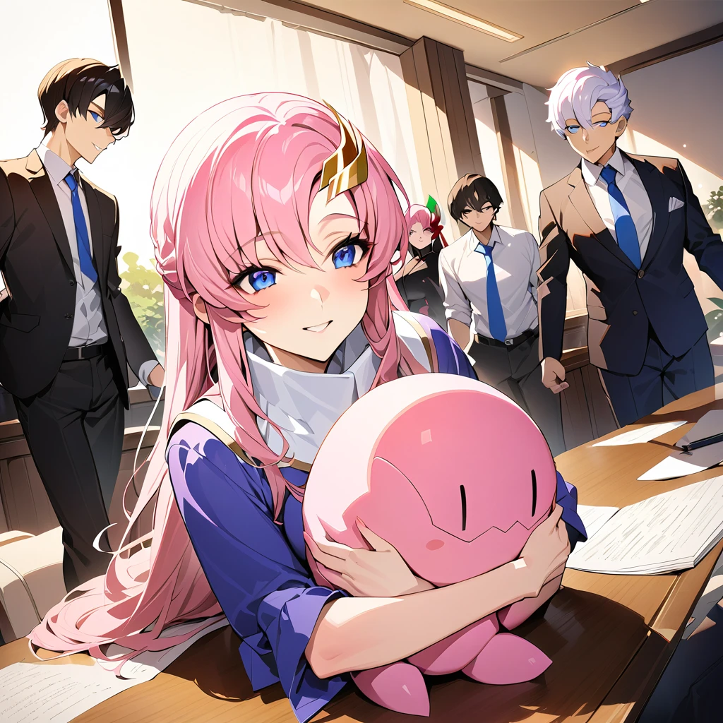 ((Highest quality)), ((masterpiece)), (detailed), (Perfect Face)、The woman is Lacus Clyne, with blue eyes, medium-long pink hair, a hair accessory, the clothes of a follower of a suspicious religious organization, and an engagement ring.、The woman is an ardent follower of a suspicious religious group, serves a suspicious guru, attends meetings with the followers, and is embraced by the suspicious guru.