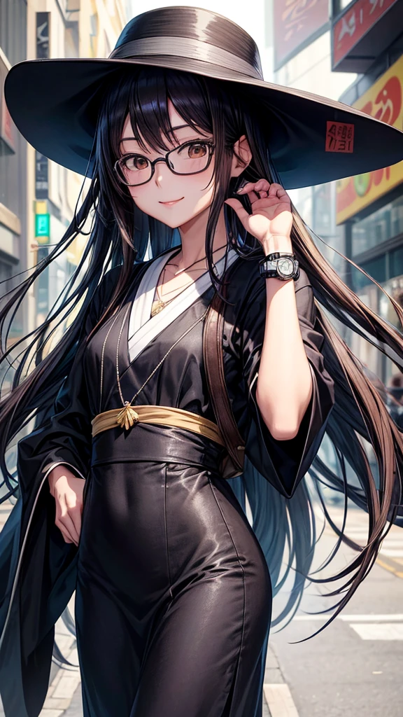 30 year old Japanese woman, smile,Wearing a black non-woven mask and blue glasses, Long, thin, straight hair dyed brown, She is wearing a small black boater hat and a black dress.。, Dark brown eyes, Silver Necklace, Slightly larger eyes, The watch on her right wrist, Slender body,