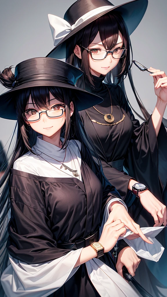 30 year old Japanese woman, smile,Wearing a black non-woven mask and blue glasses, Long, thin, straight hair dyed brown, She is wearing a small black boater hat and a black dress.。, Dark brown eyes, Silver Necklace, Slightly larger eyes, The watch on her right wrist, Slender body,