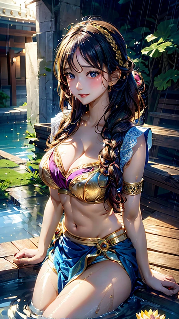 Illustrate a stunningly detailed HDR scene of a majestic woman with a golden complexion, colossal breasts, adorned in a vibrant blue and pink saree, sitting by a serene lotus lake. Her long, braided hair cascades down as she holds her head, surrounded by lush greenery and pouring rain, accentuating her beauty