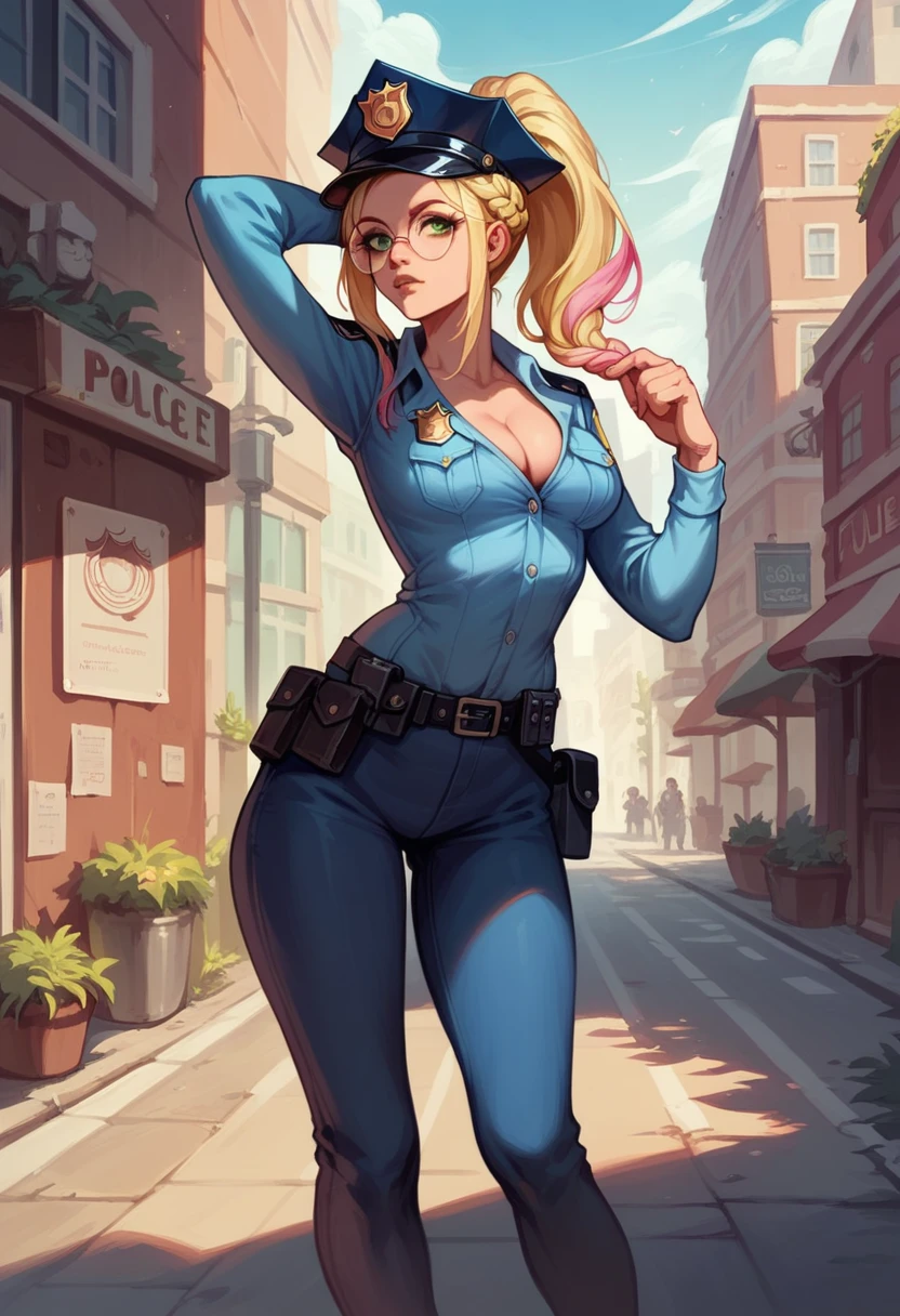 1 girl, blonde hair, ponytail, crownbraid, multicolored hair, (pink hair highlights:0.8), police uniform, cleavage, round eyewear, glasses, streets, green eyes, solo, police hat, standing, hand behind head, concept art, realistic