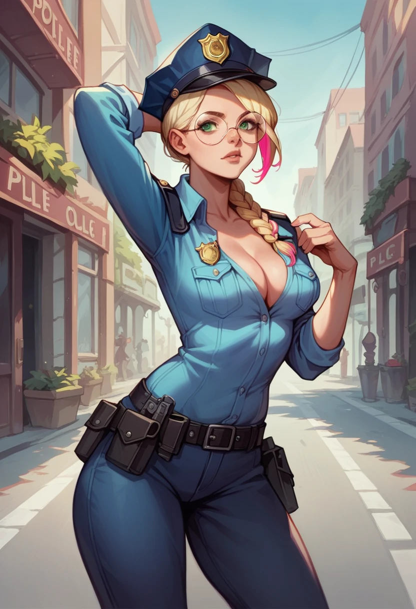 1 girl, blonde hair, ponytail, crownbraid, multicolored hair, (pink hair highlights:0.8), police uniform, cleavage, round eyewear, glasses, streets, green eyes, solo, police hat, standing, hand behind head, concept art, realistic