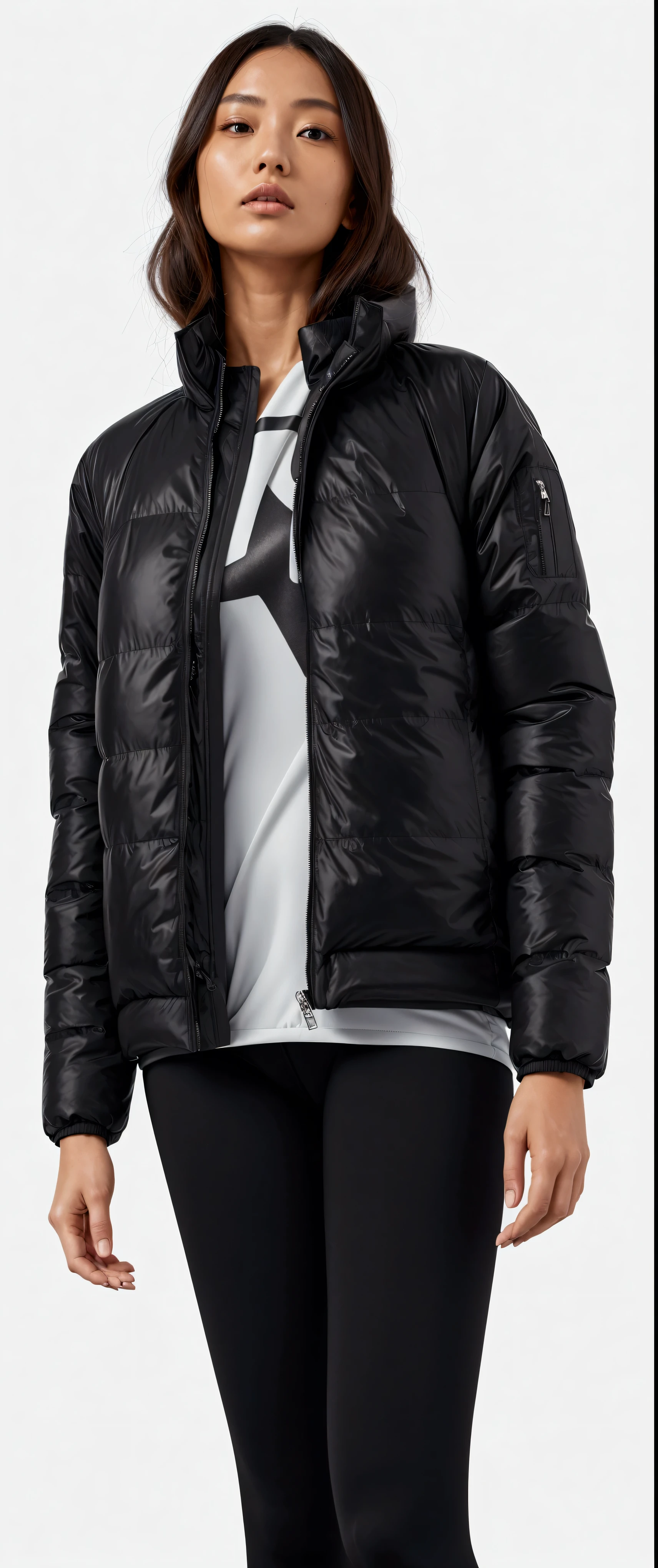 a woman in a black jacket and leggings stands in Front oF a white background, model wears a puFFer jacket, cyber Future jacket, jaqueta sobre o tronco nu, puFFer jacket, with two Front pockets, Future inFlatable jacket, sinistra e intensa, F / 2 0, vestindo jaqueta, warm Features, inspirado por Kanō Tan'yū, jaqueta aberta