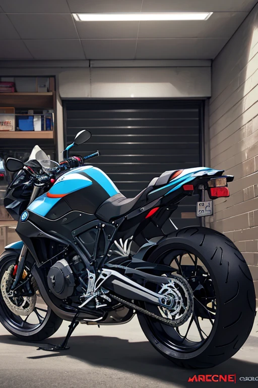 ome black big bike bmw motorcycle parked in a mafia garage