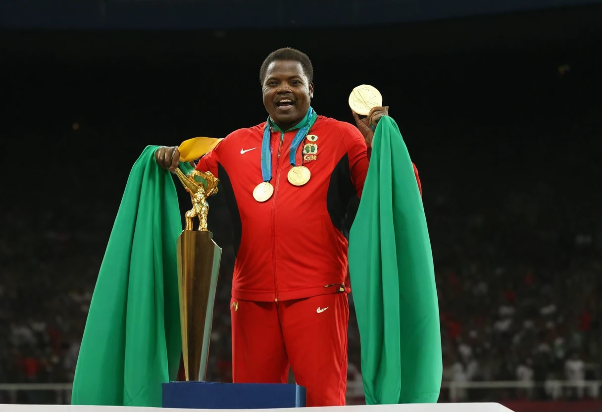 create an image of Marcus Garvey on top of the podium in the middle of a world sports olympics stadium winning gold medals and holding a gold trophy, dressed in a red olympic uniform, black and green celebrating with a victory face