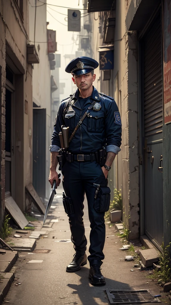 ((best quality)) , ((masterpiece)) , (detailed),1 Police,Sneering expression,Clothes in hand,Abandoned alleys,Knife on the ground,(whole body)