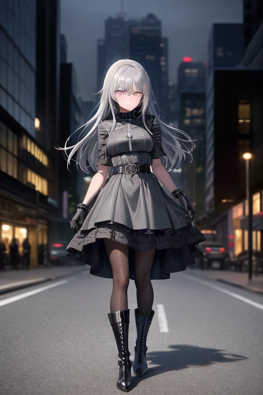 ((best quality)), ((masterpiece)), (detailed), 1 girl, Full body, 18 years old, Depressed face, Silver eyes, Gray zippered hood, Blushing, Silver hair, Straight hair, Bangs, Lock of hair covering her eye, Full body, Medium breasts, Slim body, Metal spikes, Grey wristbands, Long black gloves with spikes, Grey Gothic lolita dress, Grey dress with metal spikes, Metal emblem, Somewhat tight, Black belt, Metal legs, Black pantyhose, Black boots, Walking through the city, Metal coming out of the road, City background, Anime