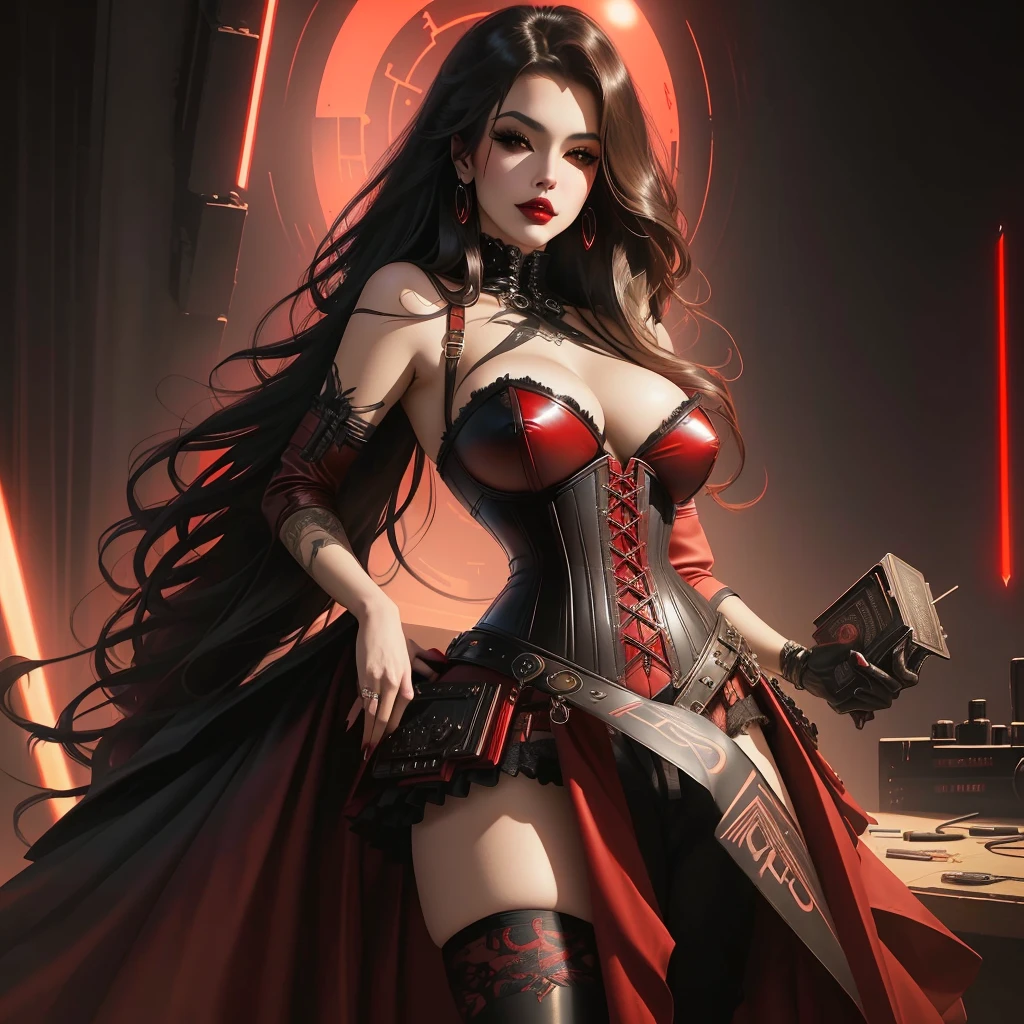 araffe dressed in a red and black corset and stockings, zenescope, artgerm julie bell beeple, as seen on artgerm, seductive cyberpunk dark fantasy, in the style artgerm, extremely detailed artgerm, red leather corset, dark fantasy female magician, in a leather corset, artgerm detailed, artgerm style