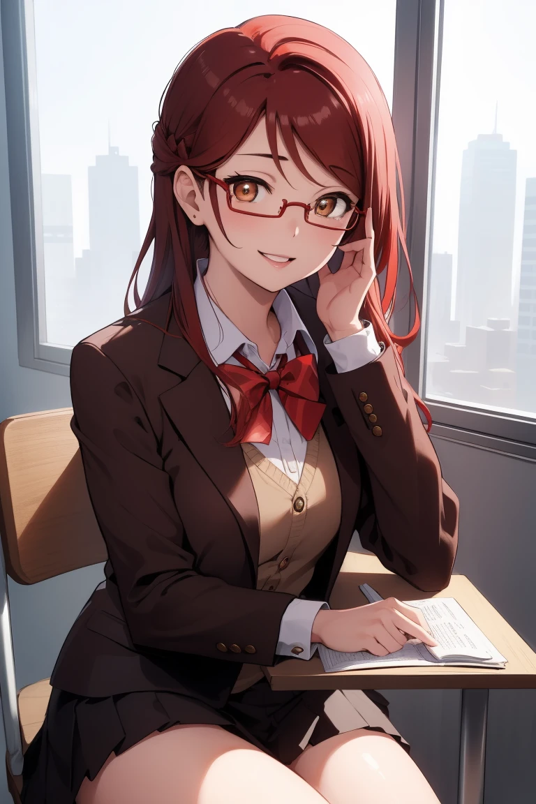 Rikosakurauchi, Riko Sakurauchi, (Brown eyes:1.5), hair between the eyes, by the wide, (Red hair:1.5), (Little mom:1.2), 
BREAK glasses, high advanced breeding , jacket de sport, red jacket de sport, bow, bowtie, collar shirt, jacket, long sleeves, pleated skirt,
rest studying, sexy, smiling at viewer break inside, classroom, 
BREAK (masterpiece:1.2), Best Quality, High resolution, unity wallpaper 8k, NSFW,(illustration:0.8), (beautiful detailed eyes:1.6), extremely detailed face, perfect lighting, Extremely detailed CG, (perfect hands, perfect anatomy),