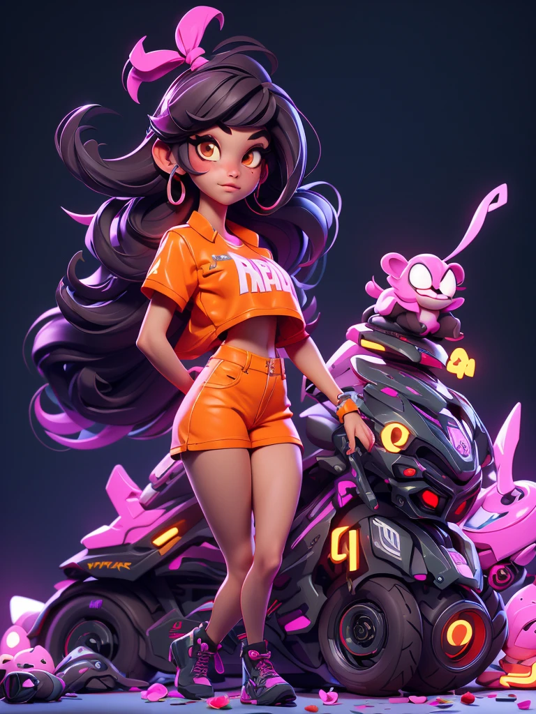 gorgeous hip-hop girl, orange neon crop shirt, graffiti, emissive, bloom