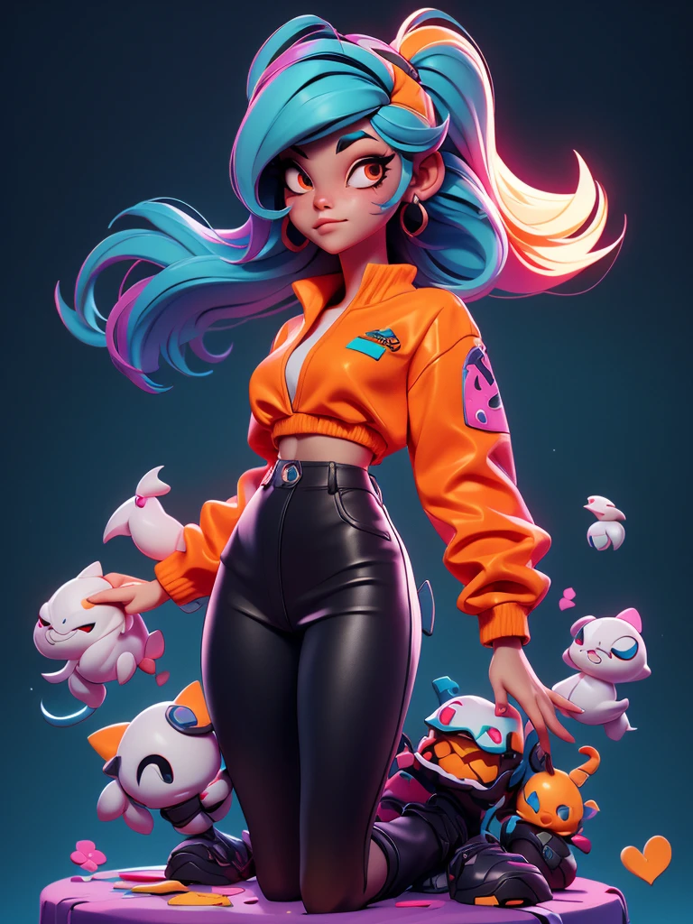 gorgeous hip-hop girl, orange neon crop shirt, graffiti, emissive, bloom