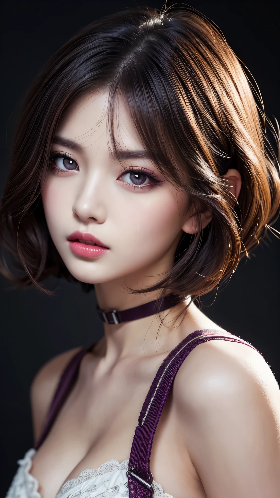 (best quality,8k,High resolution,masterpiece:1.2),Digital artwork, a girl,Detailed face,delicate eyes,dark purple hair,short curly hair,sparkly eye makeup,red eyes,Pink lips,Suspenders,Twenty generations