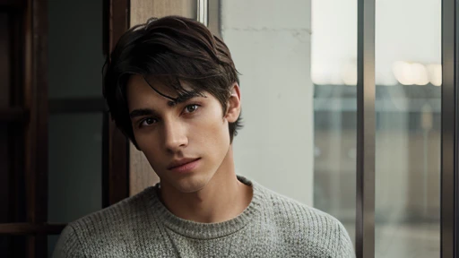 masterpiece, ultra high resolution, Photorealistic quality, boy in a light sweater, black short hair, calm look.